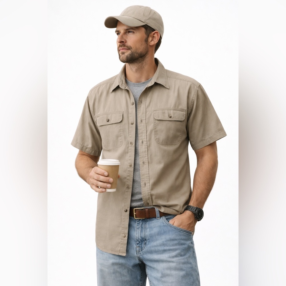 NOBLE Outfitters Men’s Short Sleeve Utility Work Shirt 100% Cotton Khaki Large